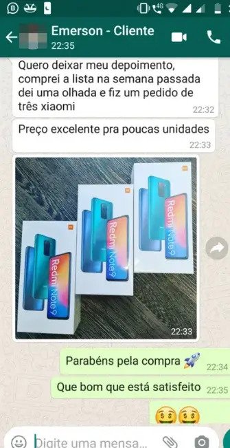 Cliente Emerson - Depoimento WhatsApp sobre compra de 3 unidades Redmi Note 9